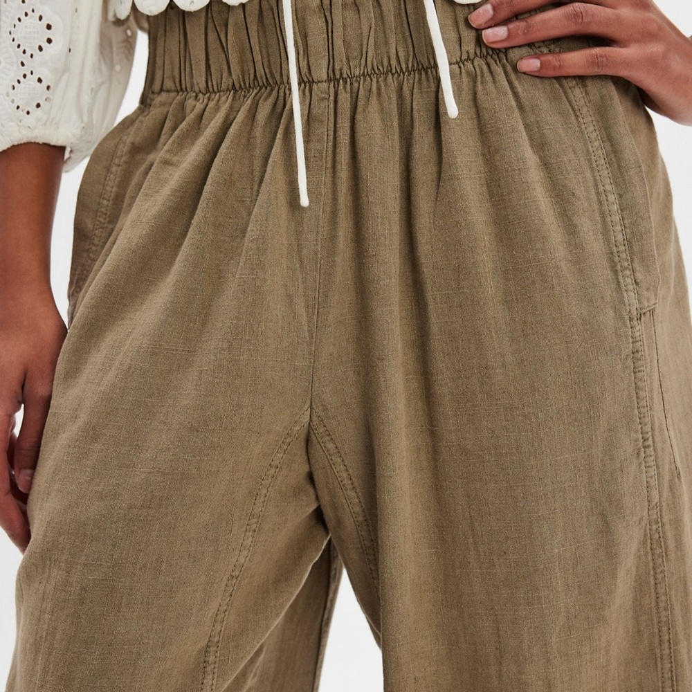 Free People Wide Leg Linen-Blend Pants in Olive/Tan - Picture 4 of 9